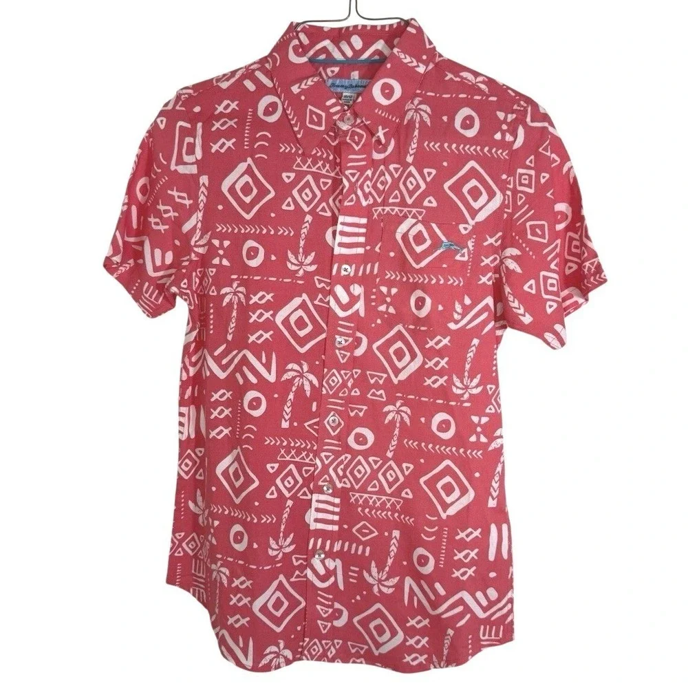 Tommy Bahama Boys Hawaiian Shirt Fuchsia Sz 10/12 Tropical Print Button Up Beach